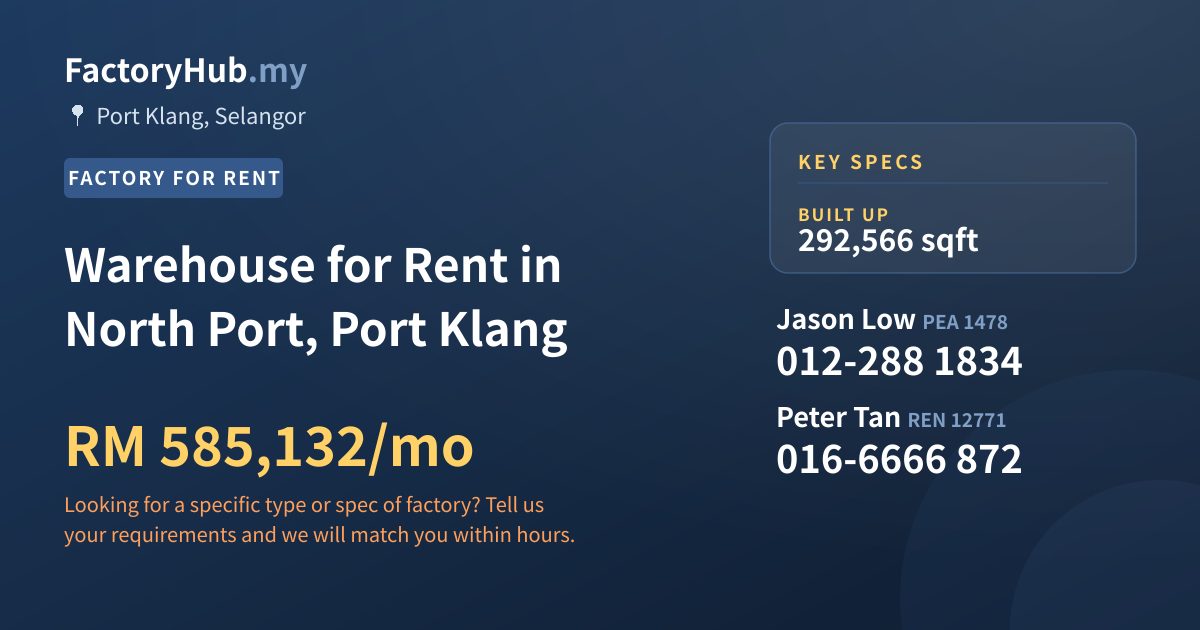 Warehouse for Rent in North Port, Port Klang, 292,566 sqft