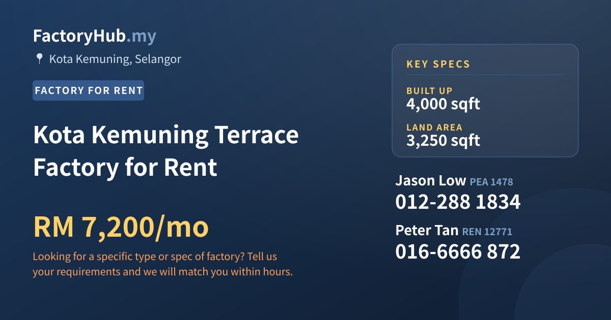 Kota Kemuning Terrace Factory for Rent, 4,000 sqft