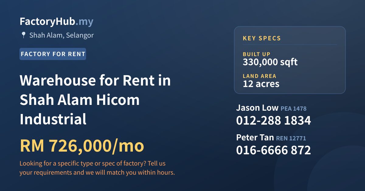 Warehouse for Rent in Shah Alam Hicom Industrial, 330,000 sqft Warehouse for Rent in Shah Alam Hicom Industrial, 330,000 sqft