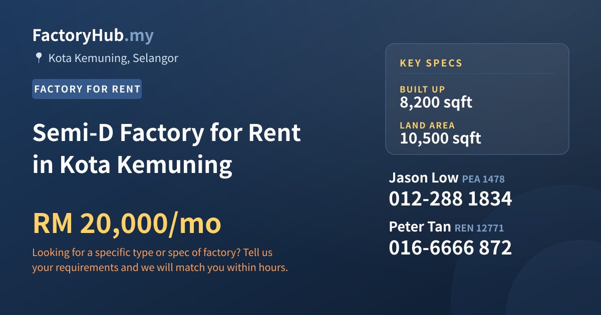 Semi-D Factory for Rent in Kota Kemuning, 8,200 sqft