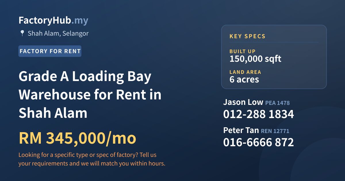 Grade A Loading Bay Warehouse for Rent in Shah Alam, 150,000 sqft Grade A Loading Bay Warehouse for Rent in Shah Alam, 150,000 sqft