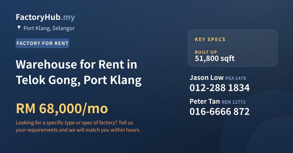 Warehouse for Rent in Telok Gong, Port Klang, 51,800 sqft Warehouse for Rent in Telok Gong, Port Klang, 51,800 sqft