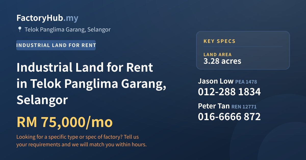 Industrial Land for Rent in Telok Panglima Garang, Selangor, 3.28 acres Industrial Land for Rent in Telok Panglima Garang, Selangor, 3.28 acres