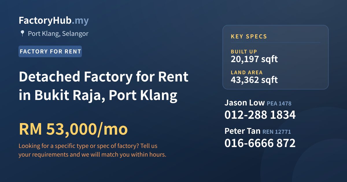 Detached Factory for Rent in Bukit Raja, Port Klang, 20,197 sqft
