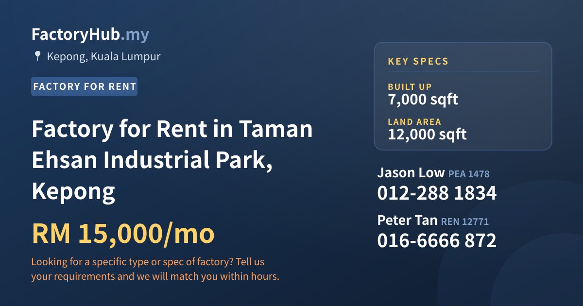Factory for Rent in Taman Ehsan Industrial Park, Kepong, 7,000 sqft