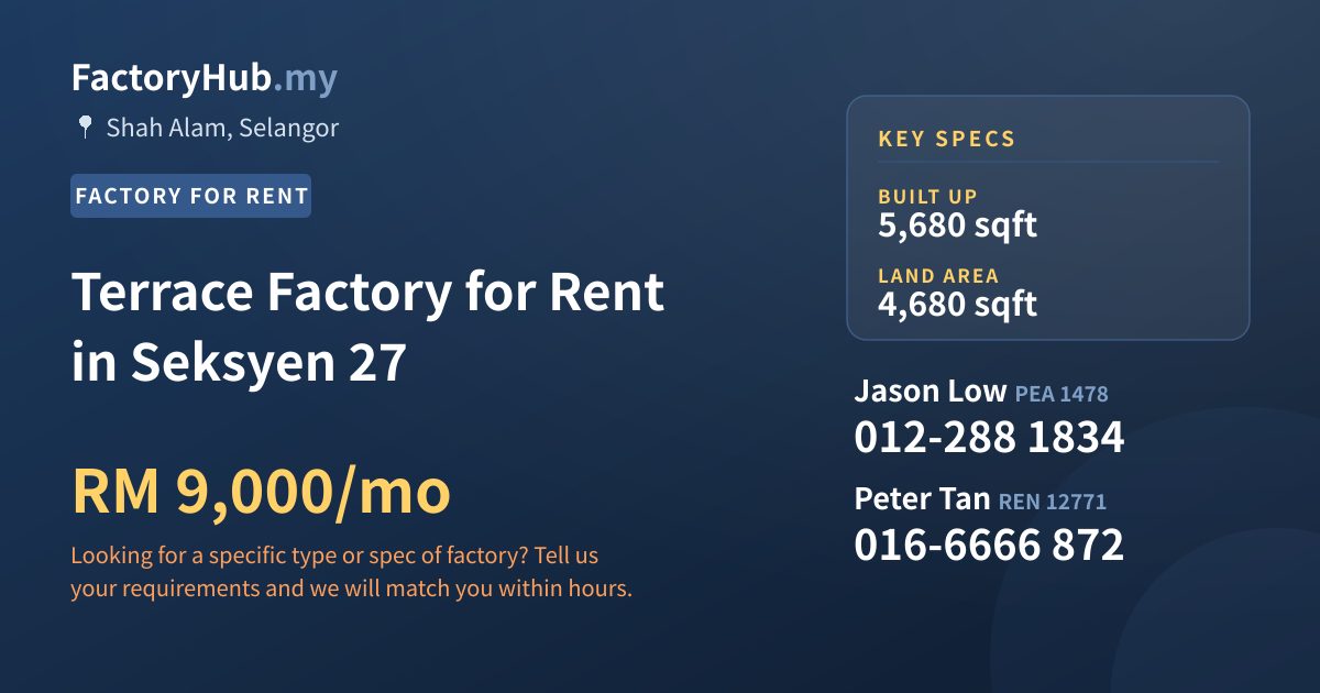 Terrace Factory for Rent in Seksyen 27, 5,680 sqft - Shah Alam, Selangor Terrace Factory for Rent in Seksyen 27, 5,680 sqft - Shah Alam, Selangor