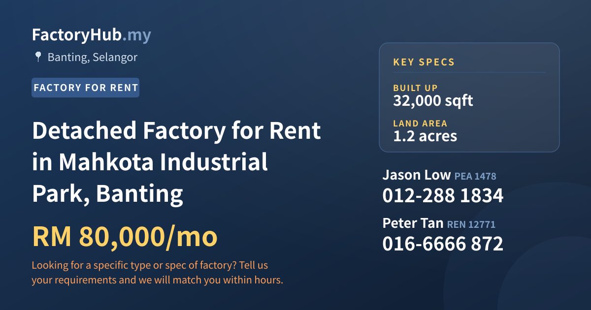 Detached Factory for Rent in Mahkota Industrial Park, Banting, 32,000 sqft