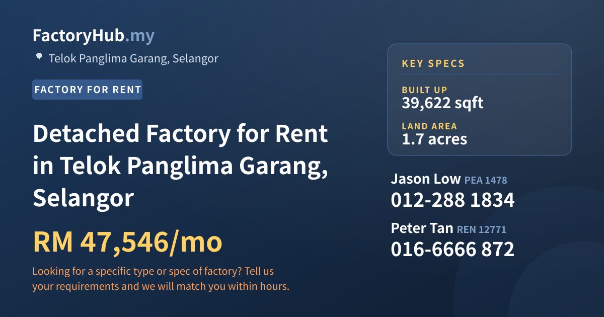 Detached Factory for Rent in Telok Panglima Garang, Selangor, 39,622 sqft Detached Factory for Rent in Telok Panglima Garang, Selangor, 39,622 sqft