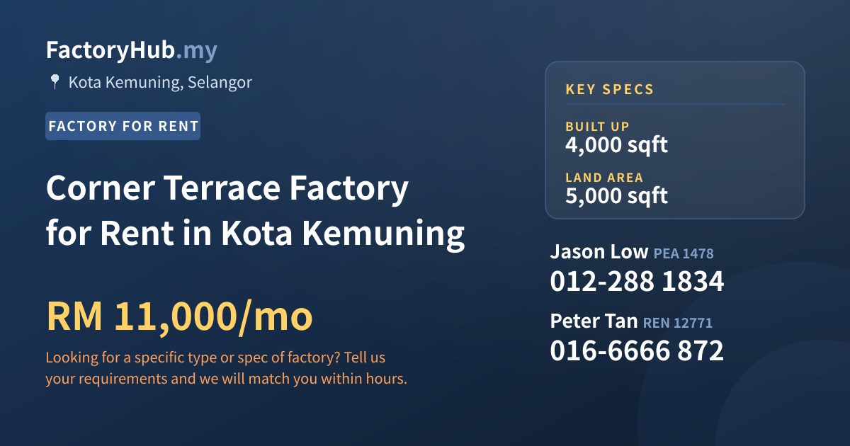Corner Terrace Factory for Rent in Kota Kemuning, 4,000 sqft
