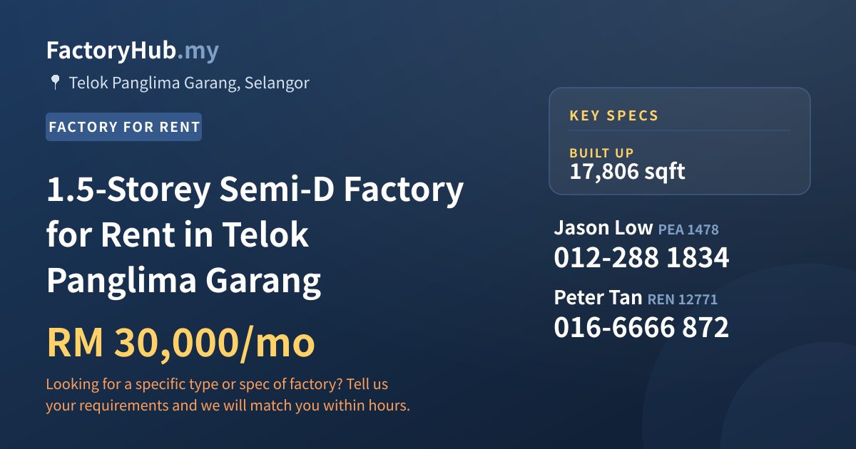 1.5-Storey Semi-D Factory for Rent in Telok Panglima Garang, 17,806 sqft 1.5-Storey Semi-D Factory for Rent in Telok Panglima Garang, 17,806 sqft