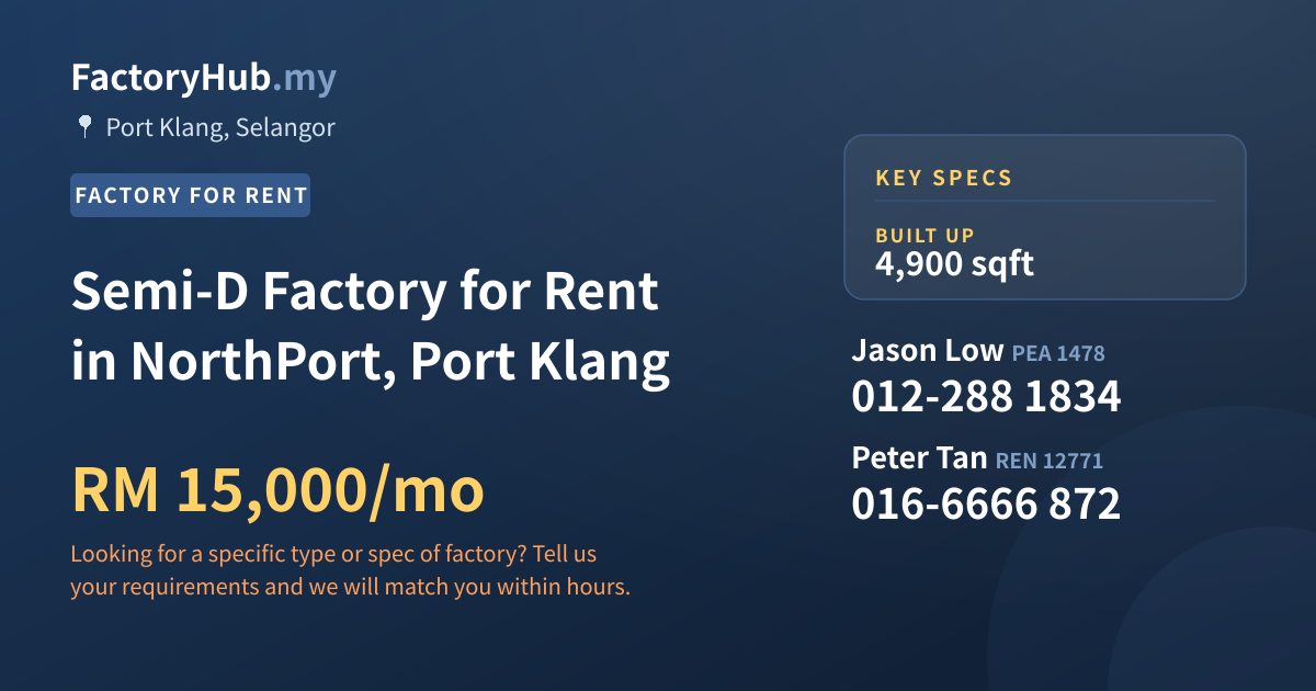 Semi-D Factory for Rent in NorthPort, Port Klang, 4,900 sqft